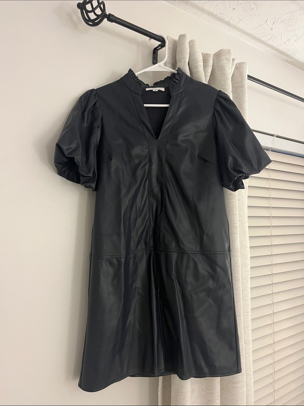 Navy Faux Leather Puff-Sleeve Dress